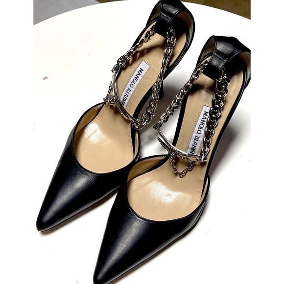 Manolo Blahnik Black Leather Silver Dagger Lock Chain D'Orsay Pumps Heels Italy - Picture 8 of 15